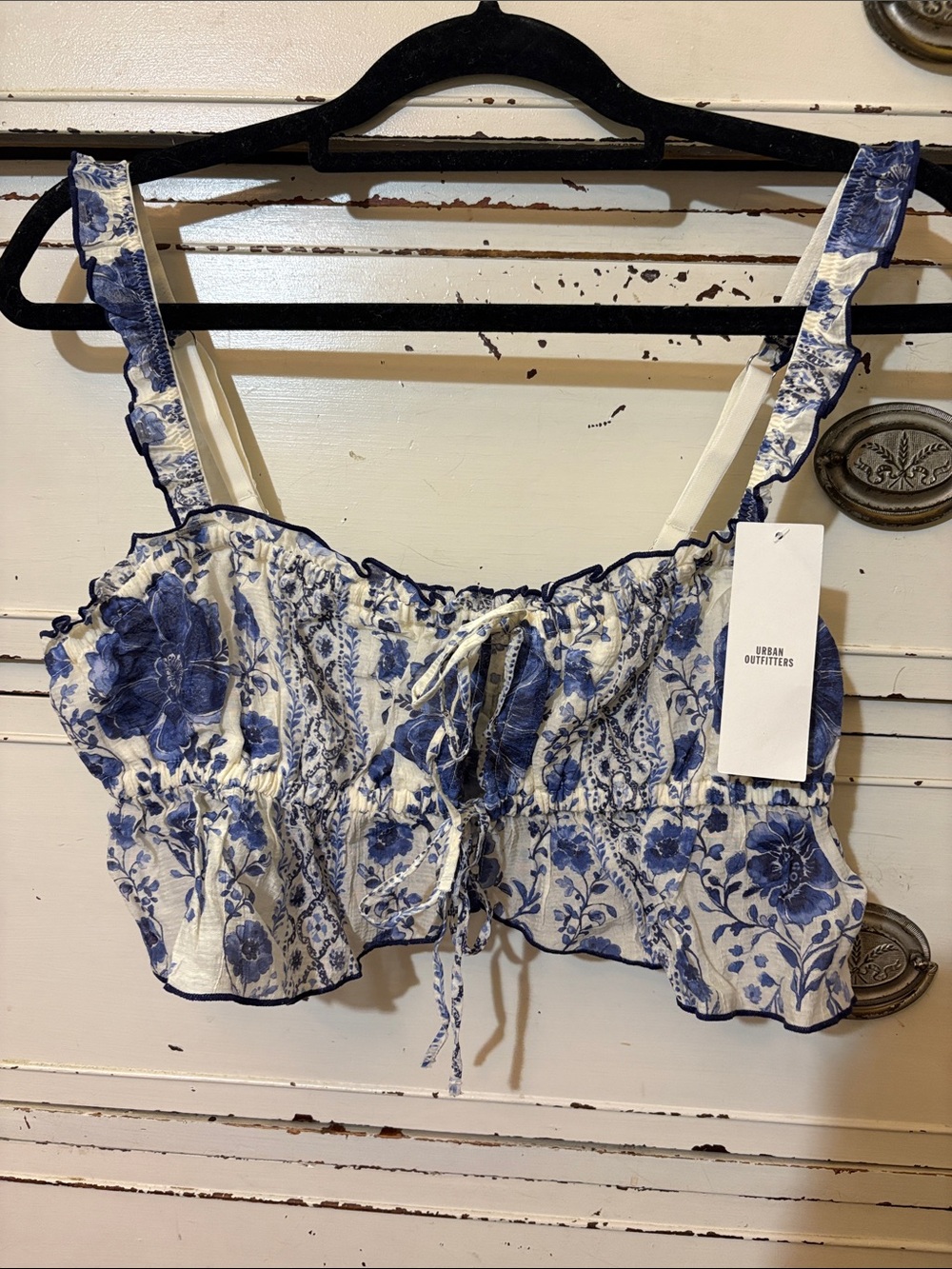 Urban Outfitters Blue and White Floral Ruffle Tie-Front Crop Top, L